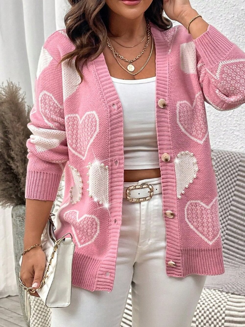Pink Casual Women's Heart Pattern Rhinestone Cardigan - Picture 6 of 8